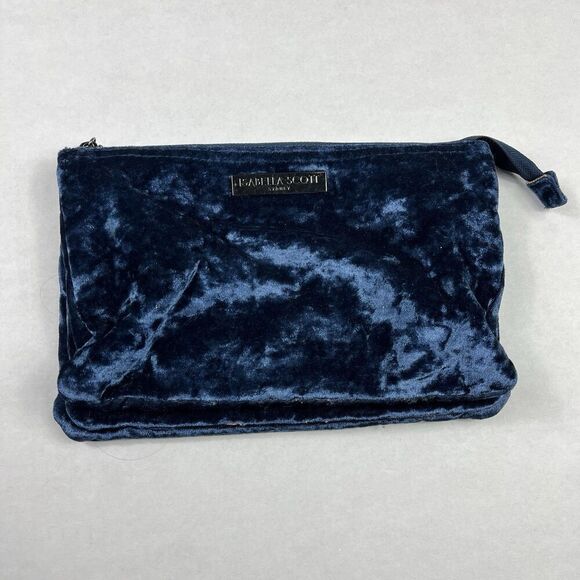 Isabella Scott Blue Velvet Clutch Cosmetic Bag 3 Zip Pockets Make-up Pouch FLAW - Picture 1 of 13